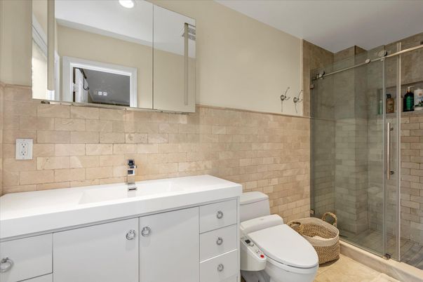 Bathroom, Glass Shower, Interior, Recessed Lighting, Stone Walls