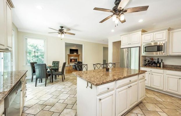 Dining room, Fireplace, Interior, Kitchen, Recessed Lighting, Stainless Steel Appliances