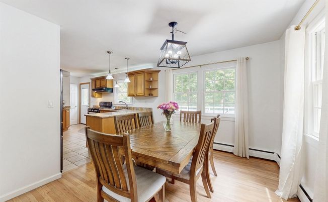 Dining room, Interior, Kitchen, Pendant Lights, Wood Texture Flooring