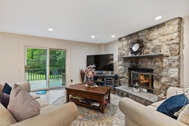 Fireplace, Interior, Living room, Recessed Lighting, Stone Walls