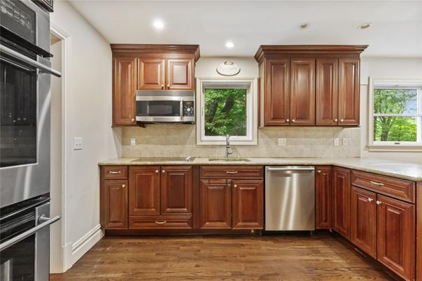 Interior, Kitchen, Recessed Lighting, Stainless Steel Appliances, Wood Texture Flooring