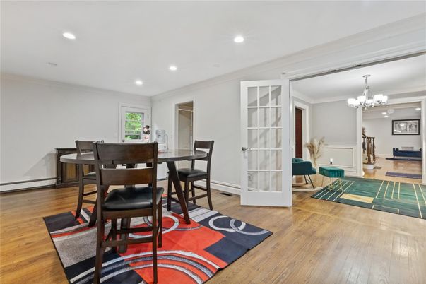 Chandelier, Dining room, Interior, Recessed Lighting, Wood Texture Flooring