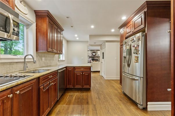 Interior, Kitchen, Recessed Lighting, Stainless Steel Appliances, Wood Texture Flooring