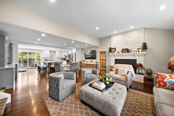 Dining room, Fireplace, Interior, Kitchen, Living room, Pendant Lights, Recessed Lighting, Stone Walls, Wood Texture Flooring