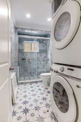 Bathroom, Glass Shower, Interior, Recessed Lighting, Washer