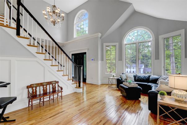 Chandelier, Interior, Living room, Wood Texture Flooring