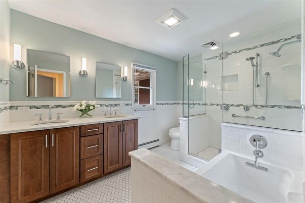 Bathroom, Dual Sink Vanities, Glass Shower, Interior, Recessed Lighting