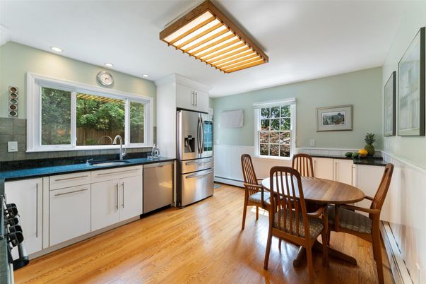 Dining room, Interior, Kitchen, Recessed Lighting, Stainless Steel Appliances, Wood Texture Flooring