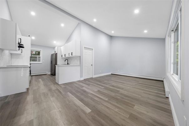 Empty room, Interior, Kitchen, Recessed Lighting, Wood Texture Flooring