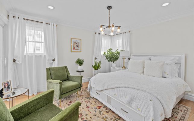 Bedroom, Interior, Pendant Lights, Recessed Lighting, Wood Texture Flooring