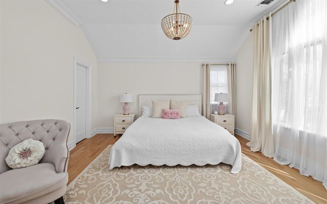 Bedroom, Interior, Pendant Lights, Recessed Lighting, Wood Texture Flooring