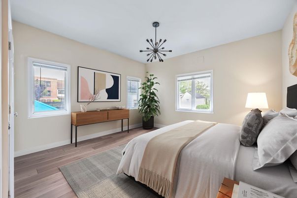 Bedroom, Interior, Pendant Lights, Wood Texture Flooring