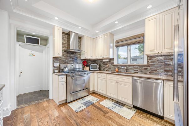 Interior, Kitchen, Recessed Lighting, Stainless Steel Appliances, Wood Texture Flooring