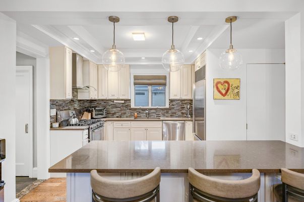 Interior, Kitchen, Pendant Lights, Recessed Lighting, Stainless Steel Appliances, Wood Texture Flooring