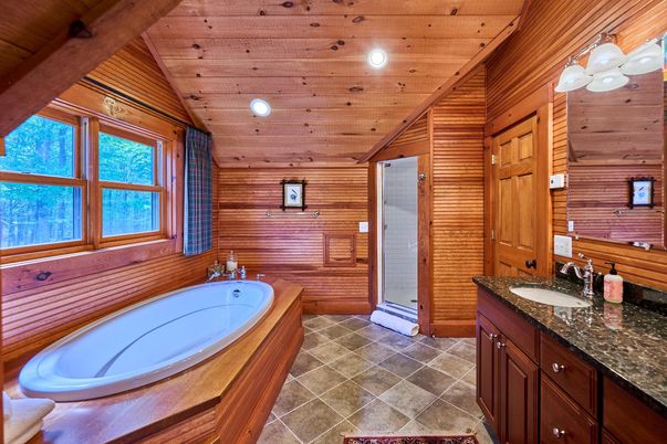 Bathroom, Dual Sink Vanities, Interior, Recessed Lighting, Wooden Ceilings, Wooden Walls