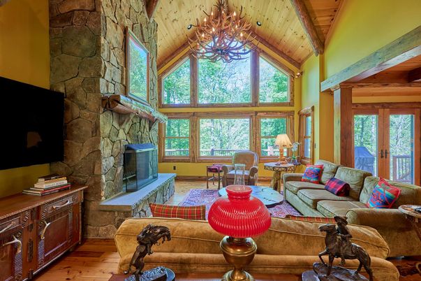 Chandelier, Fireplace, Interior, Living room, Stone Walls, Wooden Beams, Wooden Ceilings, Wood Texture Flooring