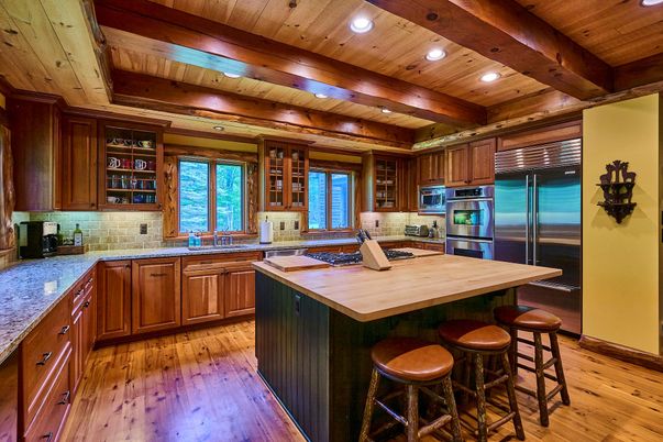 Interior, Kitchen, Recessed Lighting, Stainless Steel Appliances, Wooden Beams, Wooden Ceilings, Wood Texture Flooring