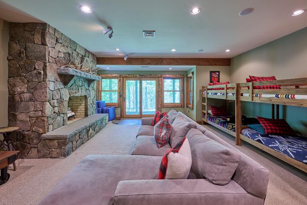 Fireplace, Interior, Living room, Recessed Lighting, Stone Walls