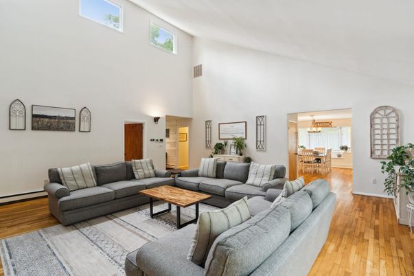 Dining room, Interior, Living room, Pendant Lights, Wood Texture Flooring