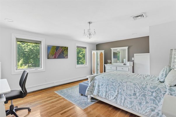 Bedroom, Chandelier, Home Office, Interior, Recessed Lighting, Wood Texture Flooring