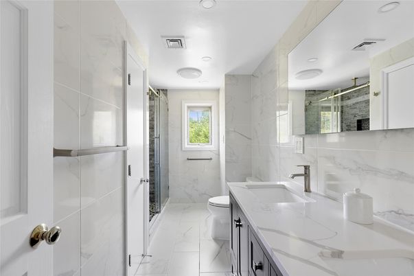 Bathroom, Glass Shower, Interior, Marble, Marble Walls, Recessed Lighting