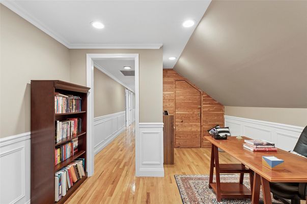 Home Office, Interior, Recessed Lighting, Wood Texture Flooring, Wooden Walls