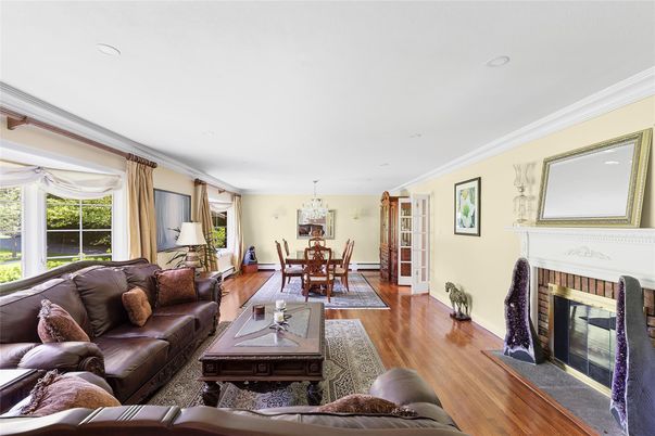 Chandelier, Dining room, Fireplace, Interior, Living room, Recessed Lighting, Wood Texture Flooring