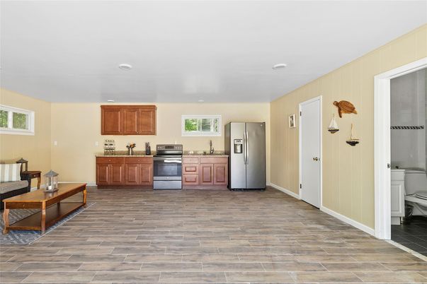Interior, Kitchen, Recessed Lighting, Stainless Steel Appliances, Wood Texture Flooring