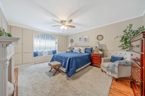 Bedroom, Fireplace, Interior, Wood Texture Flooring