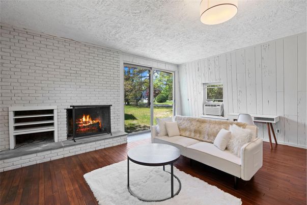 Fireplace, Interior, Living room, Stone Walls, Wood Texture Flooring