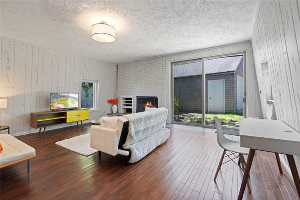 Fireplace, Home Office, Interior, Living room, Stone Walls, Wood Texture Flooring