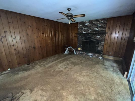 Empty room, Fireplace, Interior, Stone Walls, Wooden Walls