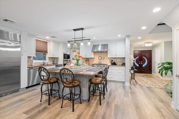 Interior, Kitchen, Pendant Lights, Recessed Lighting, Stainless Steel Appliances, Wood Texture Flooring