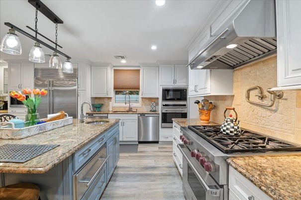 Interior, Kitchen, Pendant Lights, Recessed Lighting, Stainless Steel Appliances, Wood Texture Flooring
