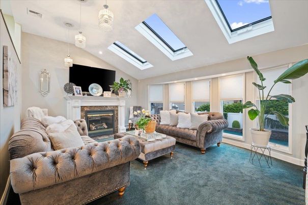 Fireplace, Glass Ceilings, Interior, Living room, Pendant Lights, Recessed Lighting, Sun Room
