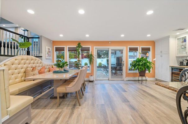 Dining room, Interior, Living room, Recessed Lighting, Wood Texture Flooring