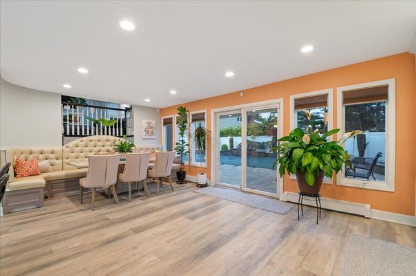 Dining room, Interior, Living room, Recessed Lighting, Wood Texture Flooring