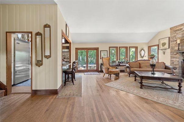 Fireplace, Interior, Kitchen, Living room, Stainless Steel Appliances, Stone Walls, Wood Texture Flooring