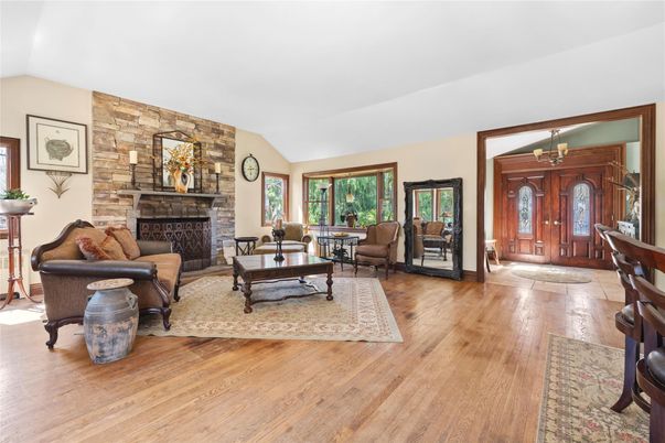 Fireplace, Interior, Living room, Stone Walls, Wood Texture Flooring