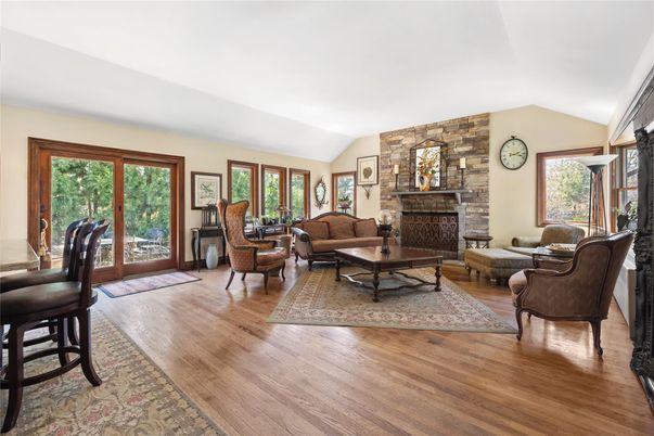 Fireplace, Interior, Living room, Stone Walls, Wood Texture Flooring