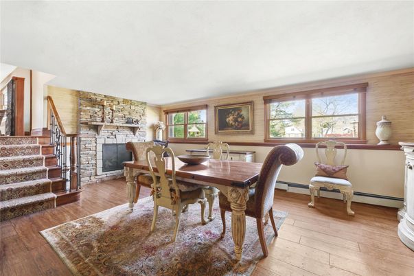 Dining room, Fireplace, Interior, Stone Walls, Wood Texture Flooring