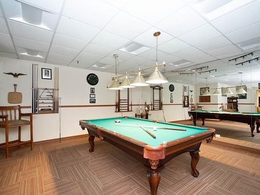 Billiard Table, Game Room, Interior, Pendant Lights, Recessed Lighting, Wood Texture Flooring