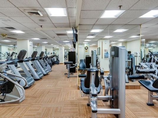 Fitness Equipment, Gym, Interior, Recessed Lighting, Wood Texture Flooring