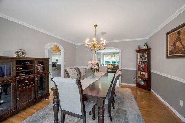 Chandelier, Dining room, Interior, Wood Texture Flooring