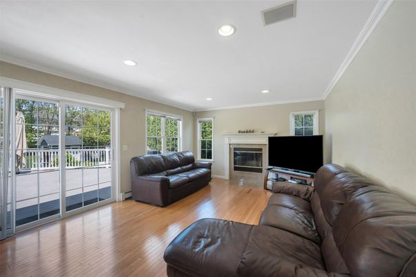Fireplace, Interior, Living room, Recessed Lighting, Wood Texture Flooring
