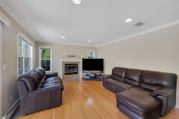 Fireplace, Interior, Living room, Recessed Lighting, Wood Texture Flooring