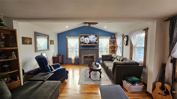 Fireplace, Interior, Living room, Recessed Lighting, Wood Texture Flooring