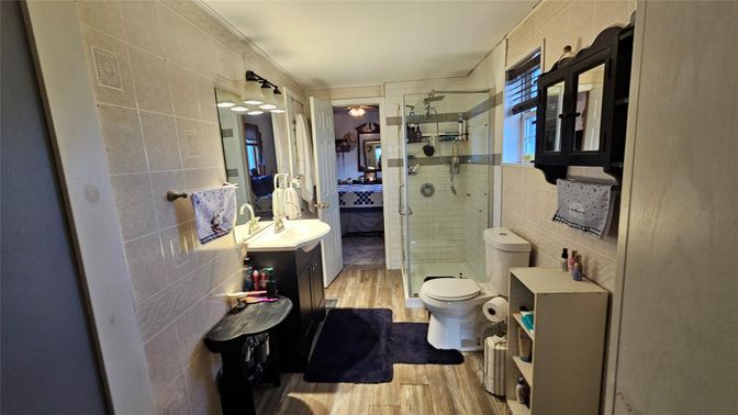 Bathroom, Glass Shower, Interior, Wood Texture Flooring
