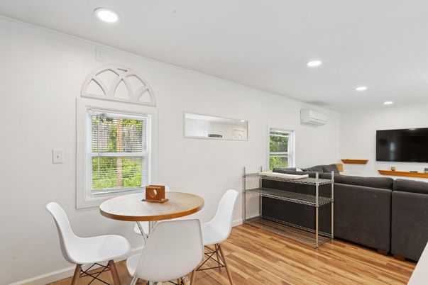Dining room, Interior, Living room, Recessed Lighting, Wood Texture Flooring