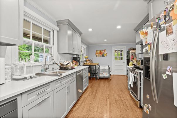 Interior, Kitchen, Recessed Lighting, Stainless Steel Appliances, Wood Texture Flooring
